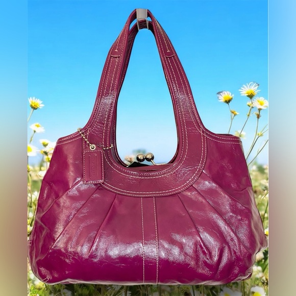 Coach Ergo Pleated Berry Magenta Patent Leather Kiss Lock EUC - Picture 1 of 11